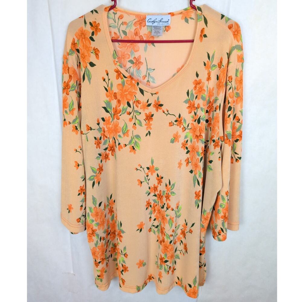 Carolyn Strauss orange floral liquid knit top Size 2X Long Sleeve Boho Feminine